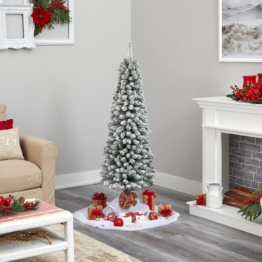 5ft. Pre-Lit Flocked Pencil Artificial Christmas Tree with Clear LED Lights
